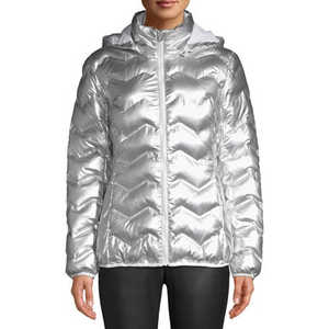 Hooded Puffer <b>Jacket</b> <b>Silver</b> Plaid Pattern Windproof Zipper Front Regular Length Unisex Casual Winter Outerwear Polyester/Nylon - Product Image 1