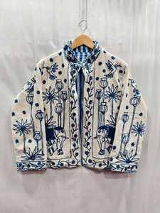 <b>Womens</b> Knitted Cotton Quilted <b>Jacket</b> Mandarin Collar Blue Animal Floral <b>Embroidered</b> Long Sleeve Eco-Friendly Quick Dry Thick - Product Image 2