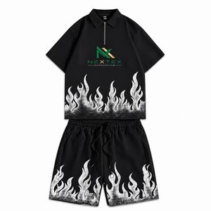 Custom <b>Men</b> Flame Print Half <b>Zip</b> Polo Shirt <b>Shorts</b> Set 2 Piece Summer Streetwear Hip Hop Outfit Casual Active Wear Clothes - Product Image 4