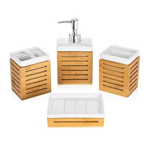 Luxury Bamboo Bathroom Set 4-Piece Rectangle Modern <b>Soap</b> Dispenser Toothbrush <b>Holder</b> Tray Easy To Clean <b>Soap</b> Dispensers - Product Image 1