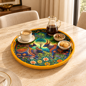 Bandeja de Servir Tradicional de Madera Natural Esmaltada en Colores Vibrantes |   Decoración de Boda con Diseño de Bosque de Vacas Coloridas para Mesa de Té, Café y Aperitivos - Product Image 4