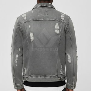 <b>Men's</b> Light Grey Distressed Denim Trucker <b>Jacket</b> Button Closure <b>Long</b> Sleeve Regular Fit Ripped Casual Jean <b>Jacket</b> Streetwear Out - Product Image 4