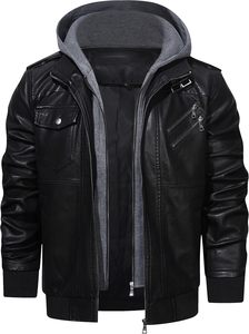 Men Black PU Leather Moto Biker <b>Jacket</b> Hooded Zipper Front Solid Color Slim Fit Regular Sleeve Autumn Windproof - Product Image 5