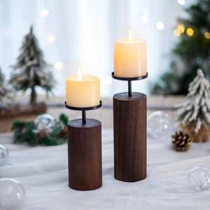 Rustic Wooden Pillar <b>Candle</b> Holder With Black Metal Top <b>Small</b> Size For Tabletop Dining Room And Living Room Decor - Product Image 1