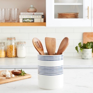 Porte-ustensiles en céramique émaillée rayée, finition lisse, corps épais et durable, résistant à la chaleur, organisateur de rangement pour comptoir de cuisine - Product Image 2