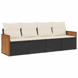 Conjunto de sofá de jardín color crema, blanco y negro, 4 plazas, ratán, madera de teca, muebles de exterior, diseño contemporáneo - Product Image 4