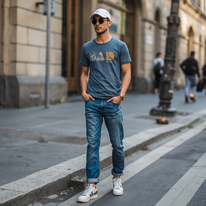 ชุดเสื้อยืดและกางเกงยีนส์สไตล์วินเทจสำหรับผู้ชาย ผ้าฝ้ายซักแล้ว ชุดลำลองสองชิ้น พร้อมบริการปรับแต่งแบบ OEM ODM - Product Image 1