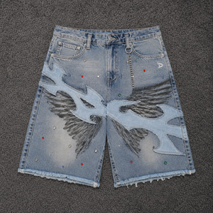 Flame wing rhinestone <b>ice</b> blue denim jorts men Namja baggy Y2K streetwear shorts applique chain <b>ring</b> frayed hem low MOQ - Product Image 1