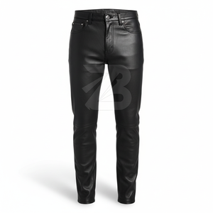 Pantalon slim noir en cuir PU et toile pour homme, 5 poches, cordon de serrage, fermeture éclair, écologique, imperméable, style streetwear, pantalon de motard - Product Image 1