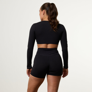 Top Corto Deportivo Negro de Manga Larga Cruzada para Mujer, Tejido de Punto, Spandex, Poliéster, Transpirable, Diseño Sólido, Cintura Alta - Product Image 4