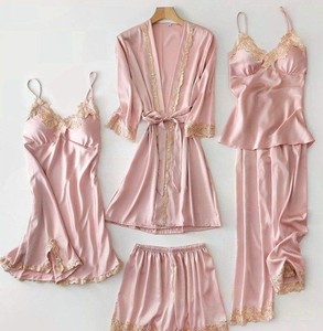 Conjunto de bata de encaje para mujer, ropa de dormir de 4 piezas con manga larga y pantalones cortos, estilo romántico - Product Image 2