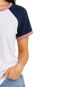 Customized <b>White</b> Navy Blue And Dusty Pink Raglan T <b>Shirt</b> For <b>Women</b> Casual Crew Neck <b>Short</b> <b>Sleeve</b> Soft Cotton Blend Summer - Product Image 3