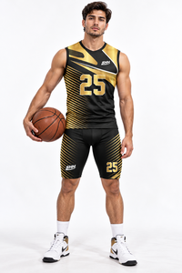 Ensemble Maillot de Basketball Sans Manches et Short de Compression Noir et Or Personnalisé Numéro 25 à Rayures Diagonales – Tenue d'Équipe Sublimée - Product Image 4