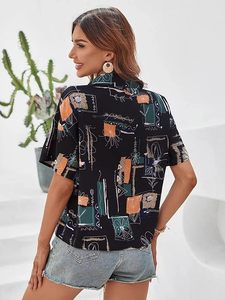 Camisa elegante con estampado floral tropical y cuello en V para mujer, camisa informal de manga corta con botones, top de playa de verano - Product Image 2