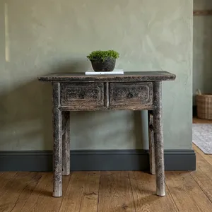 Antique Rustic Wood <b>Console</b> <b>Table</b> With Two Drawers Weathered Entryway <b>Desk</b> Living Room Furniture - Product Image 3