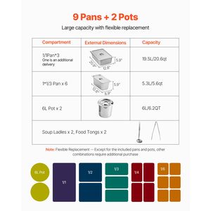 Chauffe-Plats Électrique Professionnel Commercial 8 Bacs 2 Pots 1800W Table Chauffante à Vapeur Température Manuelle Buffet Traiteur - Product Image 3