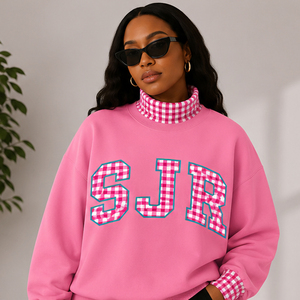 OEM Custom Logo Chenille Tackle Twill Applique Letter <b>Sweatshirt</b> Black <b>White</b> Checked Plaid Trim Collar Mockneck Sweater Oversize - Product Image 6