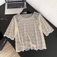 Blusas Casuales de Verano de Manga Corta para Mujer, Camisas con Lentejuelas, Tops Casuales para Dama, Ropa al por Mayor