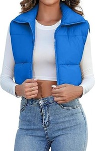 Chaleco Acolchado sin Mangas para Mujer, Cuello Alto, Color Azul, Cierre de Cremallera, Ropa Exterior Informal, Relleno 100% Poliéster - Product Image 4