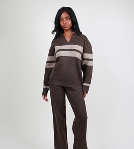 Pull en tricot rayé marron pour femme, col polo, col en V, épaules tombantes, pull décontracté - Product Image 3