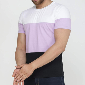T-shirt pour homme à blocs de couleur, manches courtes, col rond, coupe classique, tricoté, blanc uni sur noir, 100% coton - Product Image 5