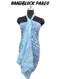 Blue Pink Floral Hand Block Printed Cotton Sarong Scarf with Chevron Border Lightweight <b>Beach</b> <b>Wrap</b> Stole for Women - Product Image 2