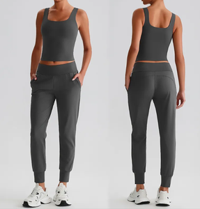 Women Olive Green Seamless Yoga <b>Set</b> <b>Square</b> Neck Spaghetti Strap Crop Top With Pockets High Waist Joggers Breathable Activewear - Product Image 4