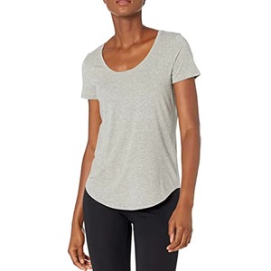 T-shirt gris à col rond et manches courtes pour femme, couleur unie, décontracté, respirant, tricoté, longueur normale, mélange coton et élasthanne - Product Image 1