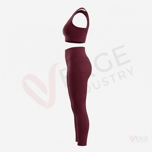 <b>Women</b> <b>Burgundy</b> Racerback Crop <b>Top</b> High Waist Leggings Seamless Yoga 2 Piece Set - Product Image 3