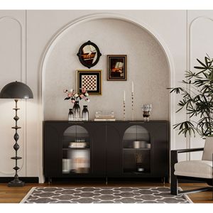 Mobiletto con 4 Ante in Vetro, Credenza in Legno Laccato Nero, Buffet Contenitore per Soggiorno - Product Image 2