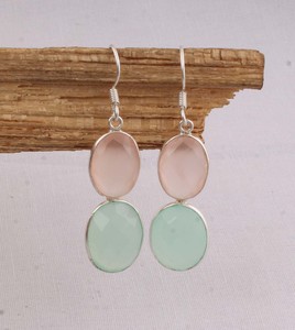 Artisan Rose Quartz Aqua Chalcedony <b>Dangle</b> <b>Earrings</b> 925 <b>Silver</b> Two-Tiered Faceted Multi-Gemstone <b>Earrings</b> Manufacturer - Product Image 4