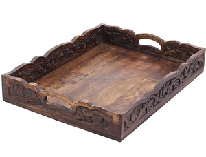 Bandeja para servir de madera cuadrada moderna hecha a mano con asas detalle intrincado tallado ecológico para el desayuno y la decoración del hogar - Product Image 2