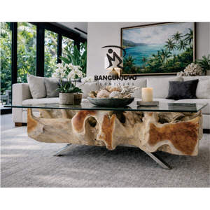 Mesa de Centro Moderna Minimalista con Combinación de Madera de Suar, con Tapa de Vidrio y Marco de Madera, Mueble Duradero y Ecológico para Sala de Estar - Product Image 3