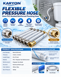 Tuyau flexible tressé en PVC KARYON 9 mm, 218 PSI, renforcé, pour chauffe-eau, plomberie, raccords en acier inoxydable et laiton - Product Image 1