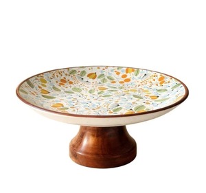 Elegant Round Ceramic Cake Stand with Floral Pattern and Wooden Base Handmade Dessert Display - Product Image 1