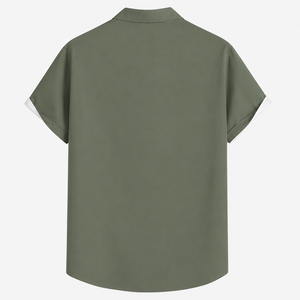 Chemise classique vert-noir contrastée, simple et élégante, à manches courtes, boutonnée, style streetwear. - Product Image 3