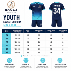 Kids Navy Blue Sky Blue White Custom Soccer Uniform Kit Jersey Shorts <b>Socks</b> Set Sublimated Youth Teamwear OEM Premium Fit - Product Image 3