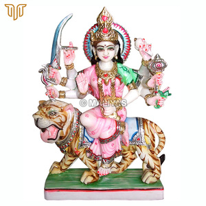 White Marble Goddess Durga Idol on Tiger | Pink Attire, Jewelled Crown and Sacred Weapons by MALIYAS Jaipur - Product Image 2