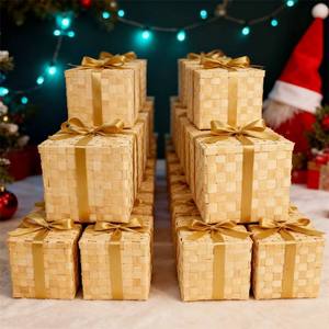 Square Festive <b>Gift</b> <b>Basket</b> Cube Bamboo <b>Gift</b> Box Gold Ribbon Bow Tight Checkered Woven <b>Hamper</b> Luxury Holiday Packaging Case - Product Image 2
