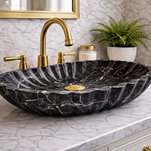 Vasque en marbre noir Nero Marquina, design floral en marbre noir de luxe, lavabo fait main, vasque de salle de bain moderne, lavabo à poser sur comptoir - Product Image 2