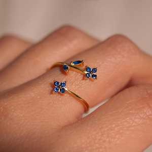 Blue Sapphire Floral <b>Ring</b> 925 Sterling Silver 14K Gold Plated Adjustable <b>Dainty</b> Gift For Her Jewelry - Product Image 5