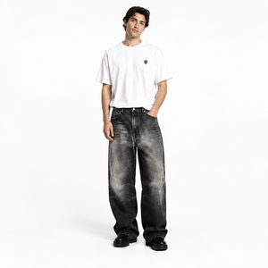 Jeans Anchos de Mezclilla Negra para Hombre, Lavado Ácido, Transpirables, de Algodón Rígido 100%, Estilo Vintage, Personalizados OEM - Product Image 1