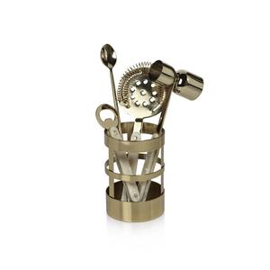 Elegant Gold Finished Barware Tool Set With Marble Handle <b>Spoon</b> Strainer Peg <b>Measure</b> And Storage Holder For Clubs And Home Bars - Product Image 3