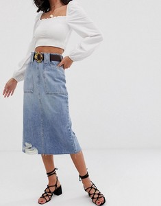 Jupe longue midi en jean déchirée taille haute, coupe crayon, bleu délavé, avec fermeture éclair arrière et fente, pour femme - Vente en gros - Product Image 4