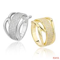 Wide 925 Sterling Silver Zircon Ring with a Clear Pave Center and Sweeping Openwork Side Arms
