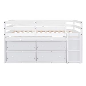 Letto a Soppalco in Legno Bianco con Scrivania Retrattile e 4 Cassetti, Mensole Laterali Portatili per Bambini - Product Image 3