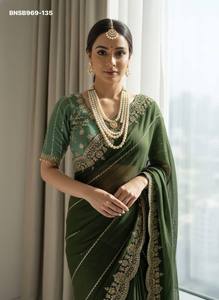 คอลเลกชันพรีเมียม ผ้าซาตินหรูหรา ดีไซน์สวยงาม พร้อมงานปักเลื่อม 3 มม. และงานเลเฮริยา ชุดส่าหรี-เสื้อคู่กัน คอลเลกชันจากซัพพลายเออร์อินเดีย - Product Image 4