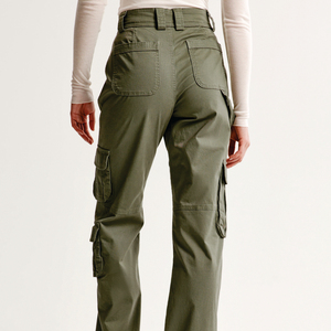 Pantalon cargo taille haute pour femme, vert uni, en toile, coupe ample, longueur intégrale, avec poches, style utilitaire, tissu respirant - Product Image 5