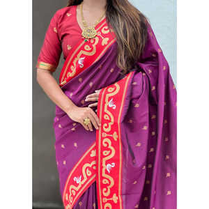 Sari en soie Paithani Rajhans tissé en zari magenta, châle indien haut de gamme, tissages d'élite, 650g - Product Image 2