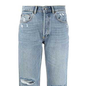 High Waist Light Blue Ripped Straight Leg Jeans for Women Distressed Denim Pants with Raw Hem and Five Pockets - Product Image 3